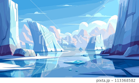 North Pole landscape. Cartoon arctic illustration with ocean and icebergs. Melting ice, snowy ice mountains and rocks, vector winter scene North Pole landscape. Cartoon arctic illustration with ocean and icebergs. Melting ice, snowy ice mountains and rocks, vector winter scene 113368582