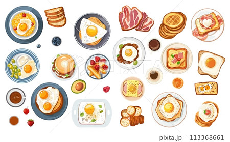 Cartoon breakfast top view. Eggs, coffee, sandwiches and toasts on plates. Tasty morning in cafe or restaurant. Hotel buffet, vector isolated elements 113368661