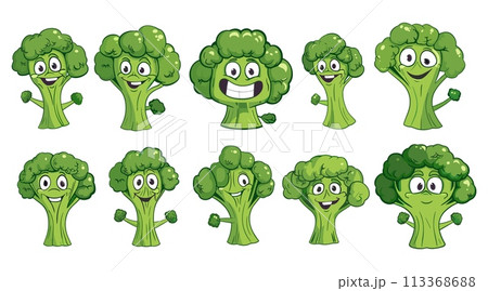 Broccoli characters. Cartoon cabbage, isolated positive vegetable character. Fresh vegan food, funny faces with smile, vector clipart 113368688