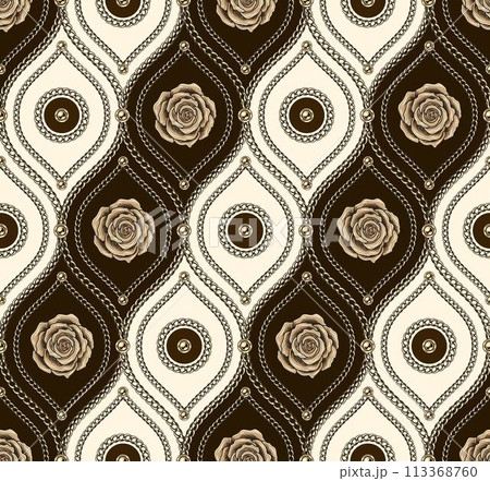Victorian jewelry seamless pattern with golden chains, beads, beige rose flower. Flower motif in damask classic grid. Diagonal composition. Detailed high contrast illustration in luxury vintage style. Victorian jewelry seamless pattern with golden chains, beads, beige rose flower. Flower motif in damask classic grid. Diagonal composition. Detailed high contrast illustration in luxury vintage style. 113368760