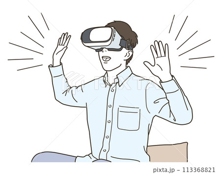 VRゴーグルを装着しながら驚く若い男性 VRゴーグルを装着しながら驚く若い男性 113368821