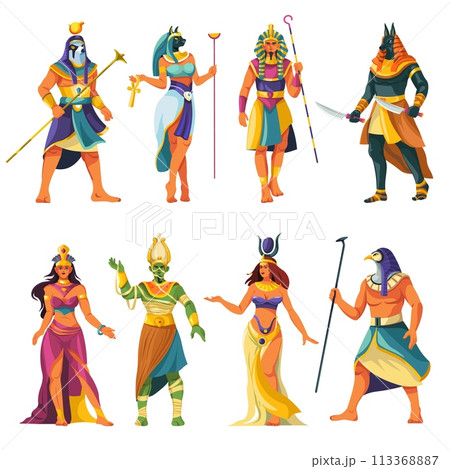 Cartoon egyptian gods. Egypt religion god and goddess of nile historical figures, ancient pharaoh statue anubis osiris isis horus ra hathor 113368887