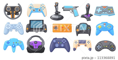 Videogame cartoon controllers. Console game joystick and gamer controller, gaming leisure remote control or wireless gamepad for computer games neat vector illustration Videogame cartoon controllers. Console game joystick and gamer controller, gaming leisure remote control or wireless gamepad for computer games neat vector illustration 113368891