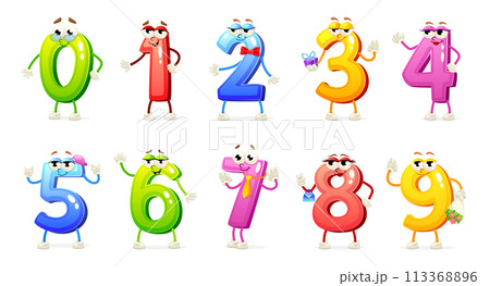 Cartoon numbers mascot. Funny number characters eyes smile faces, school kids math happy cute numeral zero one two three four five six seven eight nine neoteric vector illustration 113368896