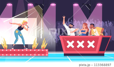 Talent tv show. Talented performer singing on stage singer contest, voice assessment judge people musical award television reality jury songs audition, classy vector illustration 113368897
