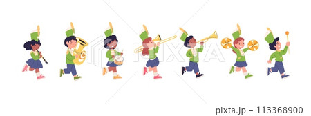 Kid band parade. Children musicians marching with trombone trumpet loud horn or drum, young military march cute cartoon child player music entertainment, classy vector illustration Kid band parade. Children musicians marching with trombone trumpet loud horn or drum, young military march cute cartoon child player music entertainment, classy vector illustration 113368900
