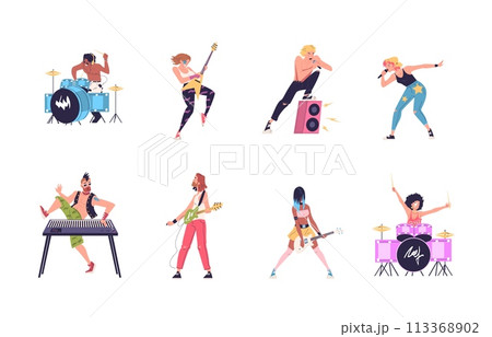 Rock band characters. Rocker group musicians playing heavy metal music, men sing performing on keyboard guitar, cool drummer or singer on festival show, classy vector illustration 113368902