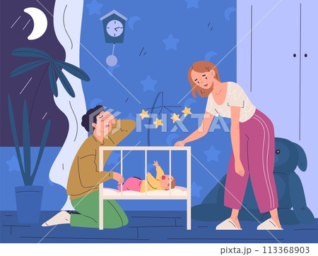Infants sleeping problems. Sleepy exhausted parents couple and crying newborn baby from colic in night room, tired father mother parental fatigue problem classy vector illustration 113368903
