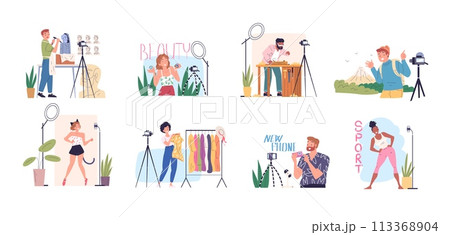 Bloggers vlog. Blogger man or girl fashionable lifestyle, video shoot fitness travel or beauty fashion content creator, social media influencer broadcast classy vector illustration 113368904