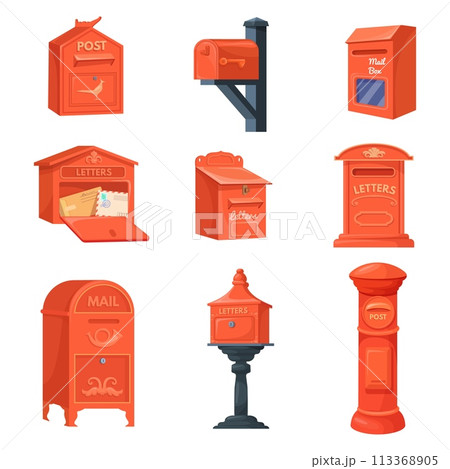 English mailboxes. Cartoon letterbox, red postbox uk london postal service, british royal post box old street mailbox for receiving mail letters to address neat vector illustration 113368905