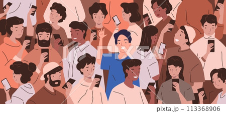 Crowd phone addiction. Addicted many people smartphone technology and addict free man, social media cellphone obsession, obsession person with phones read news vector illustration 113368906