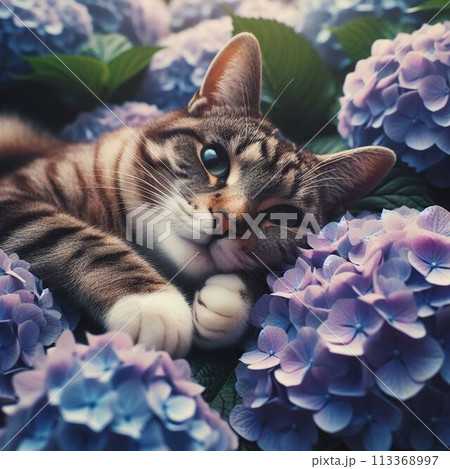 紫陽花に寝転ぶ猫 紫陽花に寝転ぶ猫 113368997