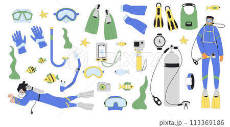 Diving set. Man and woman divers swimming in water suits, oxygen masks, tanks and equipment for scuba and snorkel. Underwater snorkelling. Line art vector illustrations Diving set. Man and woman divers swimming in water suits, oxygen masks, tanks and equipment for scuba and snorkel. Underwater snorkelling. Line art vector illustrations 113369186
