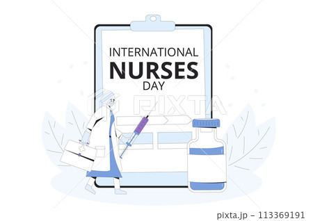 International nurses day text card. Holiday banner. Injection and vaccination. Female character and medical symbols flat illustration. International nurses day text card. Holiday banner. Injection and vaccination. Female character and medical symbols flat illustration. 113369191