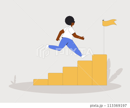 Business career ladder. Young woman climbing up stairs to reach goal. Motivation for work and learning achievement. Vector line art illustration Business career ladder. Young woman climbing up stairs to reach goal. Motivation for work and learning achievement. Vector line art illustration 113369197