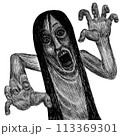 白黒の迫ってくる女性または幽霊 113369301