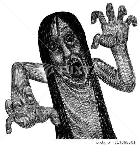 白黒の迫ってくる女性または幽霊 113369301