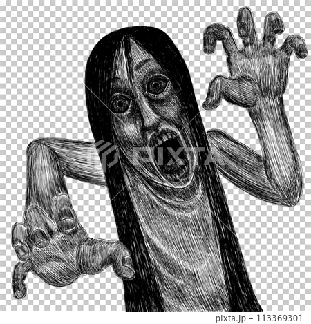 白黒の迫ってくる女性または幽霊 113369301