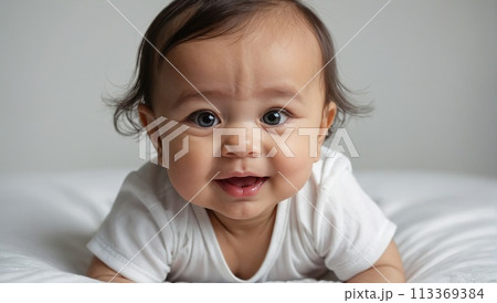 1 Adorable baby boy in white sunny bedroom. Newborn child relaxing in bed. Nursery for young children. Textile and bedding for kids. Family morning at home. New born kid during tummy time with toy 113369384