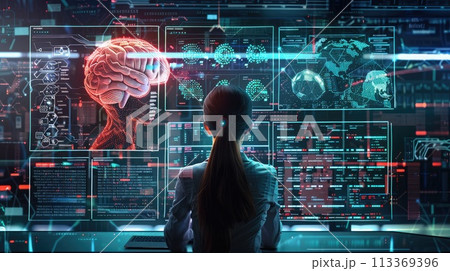 Artificial intelligence. Exploring AI's depth: A scientist amidst screens of code and neural networks analyzes AI Artificial intelligence. Exploring AI's depth: A scientist amidst screens of code and neural networks analyzes AI 113369396