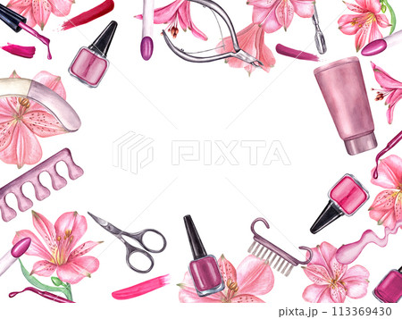 Manicure tools, nail polish, splashes among tropical flowers. Square frame with copy space. Nail file, cream, nail buffer, cuticle trimmer for beauty. Watercolor illustration isolated on white. Manicure tools, nail polish, splashes among tropical flowers. Square frame with copy space. Nail file, cream, nail buffer, cuticle trimmer for beauty. Watercolor illustration isolated on white. 113369430