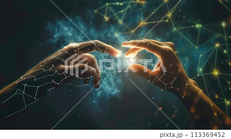 Artificial intelligence. A conceptual depiction of AI and human hands reaching out for a connection Artificial intelligence. A conceptual depiction of AI and human hands reaching out for a connection 113369452