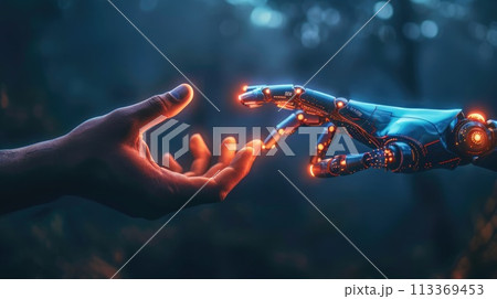 Artificial intelligence. Digital human hand reaches for a real one, symbolizing AI-human interaction 113369453