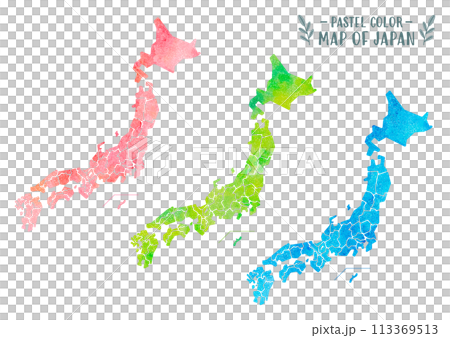 水彩のベクター日本地図セット(グランジテクスチャ) 水彩のベクター日本地図セット(グランジテクスチャ) 113369513