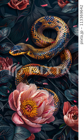 A snake is wrapped around a flower, with the flower being pink. The snake is surrounded by leaves and flowers, giving the impression of a natural scene 113369642