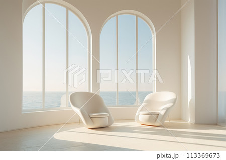Empty white, light room interior with large windows and sun shining through, high ceilings and armchairs, room for relaxation and meetings in luxury villa 113369673