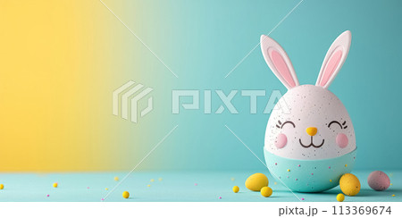 Creative decorated Easter egg with smile on its face and bunny ears on dual tone yellow and blue empty background, banner with copy space, symbol of happy Easter 113369674