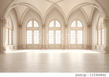 Large, empty, bright, sunny room with high ceilings and arched windows in Romanesque style, hall for ceremonial receptions in the castle 113369692