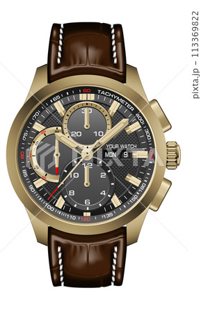 Realistic watch clock black gold red arrow white number with brown leather strap on isolated design classic luxury fashion for men vector 113369822