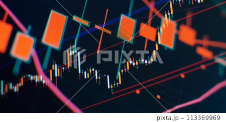 Technical analysis on the monitor of a computer. Fundamental and technical analysis concept. 113369969