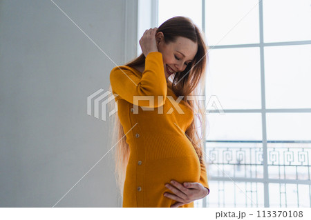 Pregnancy motherhood people expectation future. Pregnant woman with big belly standing near window at home. Girl hugging her tummy enjoying pregnancy. Maternity tenderness parenthood new life concept Pregnancy motherhood people expectation future. Pregnant woman with big belly standing near window at home. Girl hugging her tummy enjoying pregnancy. Maternity tenderness parenthood new life concept 113370108
