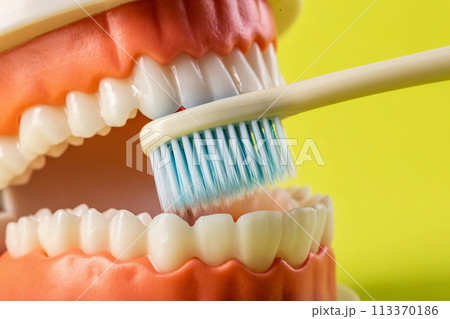 A blue toothbrush cleans teeth in the oral cavity of a dental jaw mockup on a yellow background. Concept of care and hygiene for teeth and gums. Prevention of caries. Fresh breath. Copy space for text 113370186