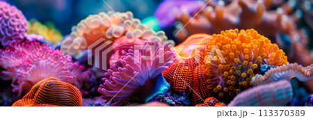 Macro shot of a colorful coral reef, capturing the vibrant hues and intricate structures of the underwater ecosystem. Generative AI 113370389