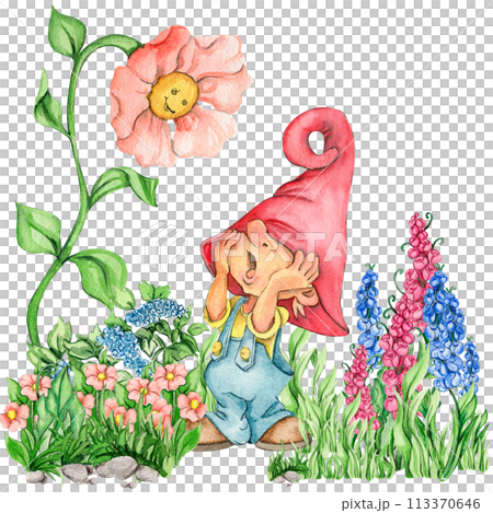 Composition of watercolor hand drawn cute Nordic Scandinavian gnomes and flowers and leaves watercolor illustration. Design for baby shower party, birthday, cake, holiday celebration, greetings cards. 113370646
