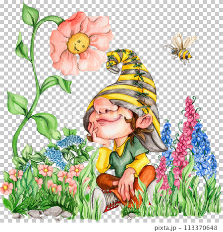 Composition of watercolor hand drawn cute Nordic Scandinavian gnomes and flowers and leaves watercolor illustration. Design for baby shower party, birthday, cake, holiday celebration, greetings cards. Composition of watercolor hand drawn cute Nordic Scandinavian gnomes and flowers and leaves watercolor illustration. Design for baby shower party, birthday, cake, holiday celebration, greetings cards. 113370648