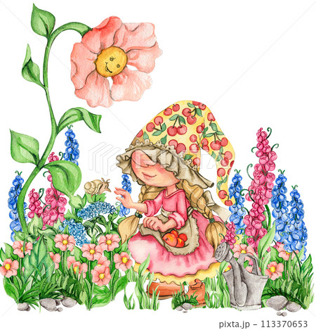 Composition of watercolor hand drawn cute Nordic Scandinavian gnomes and flowers and leaves watercolor illustration. Design for baby shower party, birthday, cake, holiday celebration, greetings cards. Composition of watercolor hand drawn cute Nordic Scandinavian gnomes and flowers and leaves watercolor illustration. Design for baby shower party, birthday, cake, holiday celebration, greetings cards. 113370653