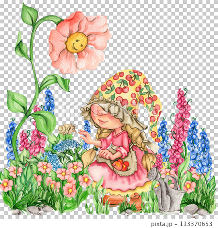 Composition of watercolor hand drawn cute Nordic Scandinavian gnomes and flowers and leaves watercolor illustration. Design for baby shower party, birthday, cake, holiday celebration, greetings cards. Composition of watercolor hand drawn cute Nordic Scandinavian gnomes and flowers and leaves watercolor illustration. Design for baby shower party, birthday, cake, holiday celebration, greetings cards. 113370653