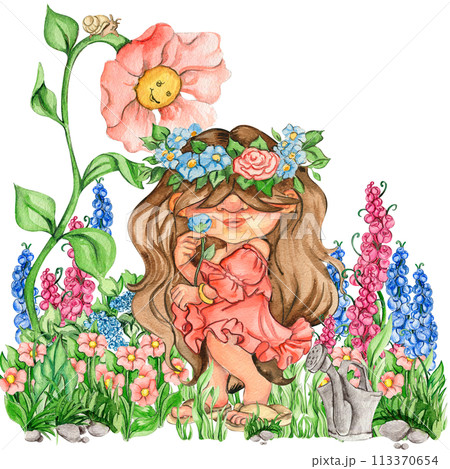 Composition of watercolor hand drawn cute Nordic Scandinavian gnomes and flowers and leaves watercolor illustration. Design for baby shower party, birthday, cake, holiday celebration, greetings cards. 113370654