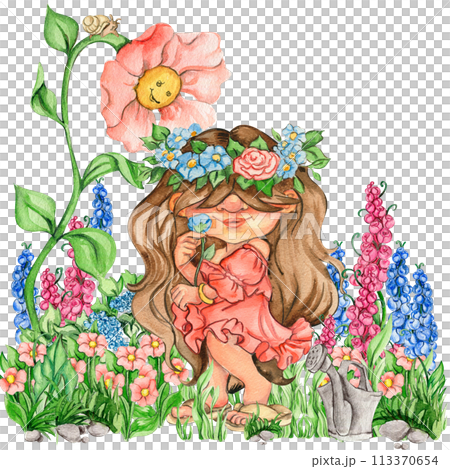 Composition of watercolor hand drawn cute Nordic Scandinavian gnomes and flowers and leaves watercolor illustration. Design for baby shower party, birthday, cake, holiday celebration, greetings cards. 113370654