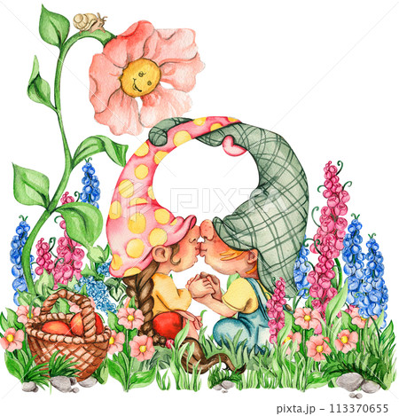Composition of watercolor hand drawn cute Nordic Scandinavian gnomes and flowers and leaves watercolor illustration. Design for baby shower party, birthday, cake, holiday celebration, greetings cards. Composition of watercolor hand drawn cute Nordic Scandinavian gnomes and flowers and leaves watercolor illustration. Design for baby shower party, birthday, cake, holiday celebration, greetings cards. 113370655