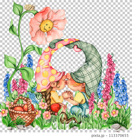 Composition of watercolor hand drawn cute Nordic Scandinavian gnomes and flowers and leaves watercolor illustration. Design for baby shower party, birthday, cake, holiday celebration, greetings cards. Composition of watercolor hand drawn cute Nordic Scandinavian gnomes and flowers and leaves watercolor illustration. Design for baby shower party, birthday, cake, holiday celebration, greetings cards. 113370655