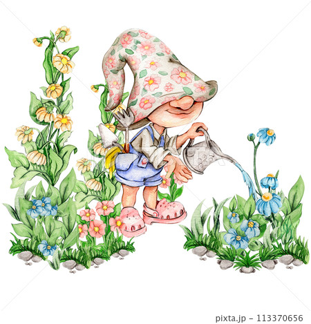 Composition of watercolor hand drawn cute Nordic Scandinavian gnomes and flowers and leaves watercolor illustration. Design for baby shower party, birthday, cake, holiday celebration, greetings cards. 113370656