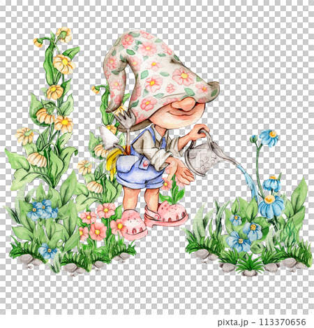 Composition of watercolor hand drawn cute Nordic Scandinavian gnomes and flowers and leaves watercolor illustration. Design for baby shower party, birthday, cake, holiday celebration, greetings cards. 113370656
