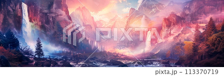 mystical landscape with towering mountains and cascading waterfalls, painted in enchanting watercolor tones 113370719