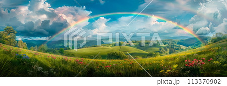 A dreamy landscape with rainbows arching over rolling hills and blooming meadows, 113370902