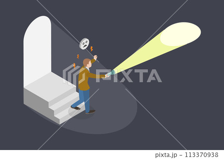 3D Isometric Flat Vector Illustration of Darkness And Fear, Man with Flashlight 3D Isometric Flat Vector Illustration of Darkness And Fear, Man with Flashlight 113370938
